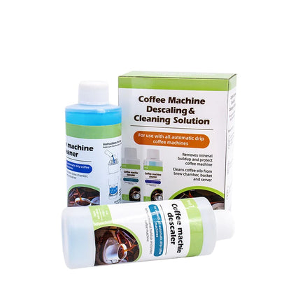 Botellas descalcificante y limpiador con caja de cartón verde para cafeteras automáticas