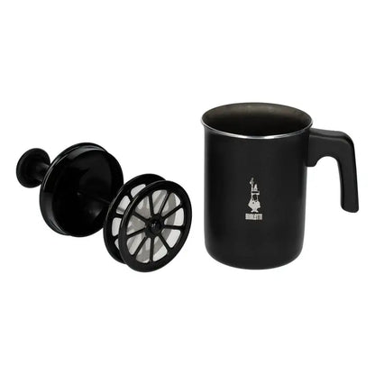 Espumador de leche Bialetti negro con tapa separada y ruedas decorativas