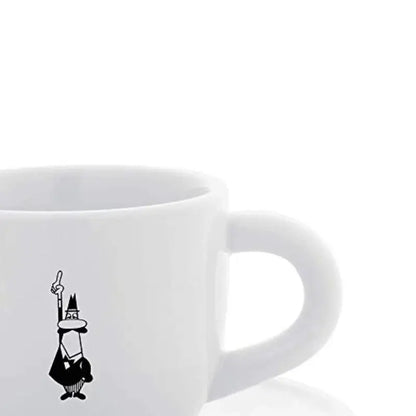 Taza de espresso blanca con asa y logotipo negro tipo Bialetti Moka