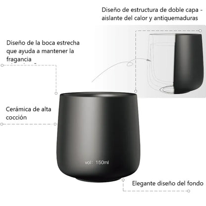 Vaso de cerámica negro de doble pared, 150 ml, base redondeada.
