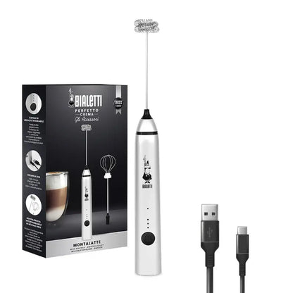 Batidor espumador Bialetti blanco con cables USB, frente en kit