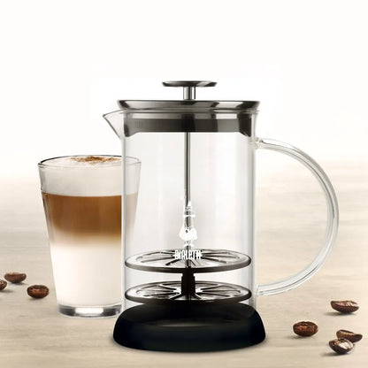 Espumador de leche Bialetti con jarra de acero, espumador central y base negra.