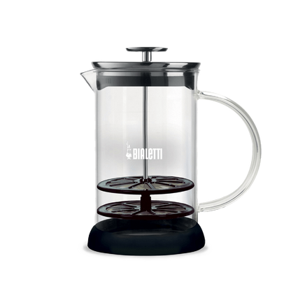 Espumador de leche Bialetti 330 ml de acero inoxidable con asa y base negra.