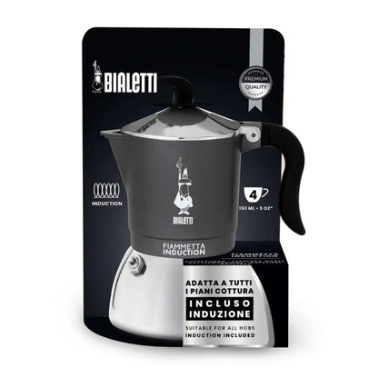 Cafetera moka de inducción Bialetti 150 ml en pack, 4 tazas, negro y metálica