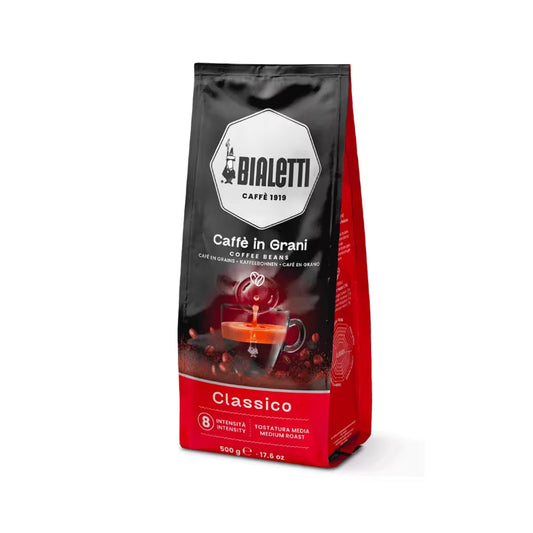 Bolsa de café en grano Bialetti Classico 500 g, vista 3/4 con logotipo