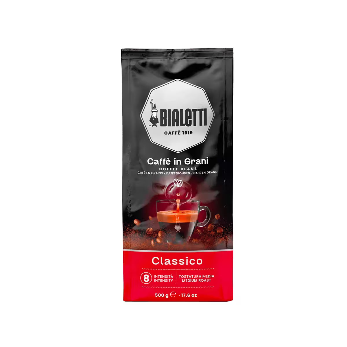 Bolsa de café en grano Bialetti Classico 500 g, color negro con franja roja