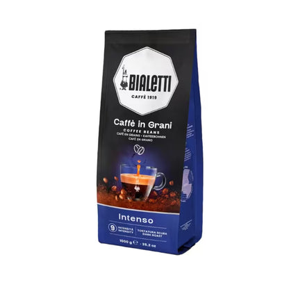 Bolsa de café en grano Bialetti Intenso de 1 kg, vista frontal con detalles del envase