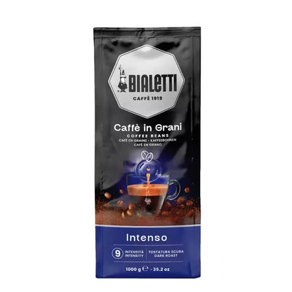 Bolsa de café en grano Bialetti Intenso de 1 kg, con logotipo y diseño frontal