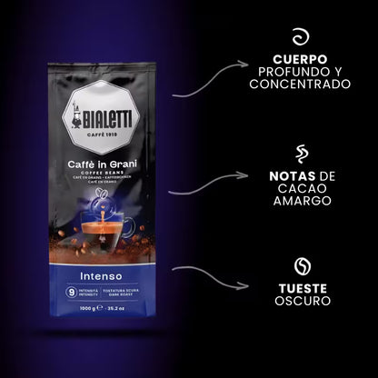 Perfil de café en grano Bialetti Intenso con notas de cacao y tueste oscuro