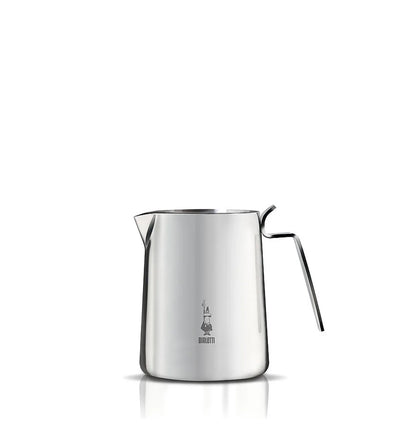 Jarra espumadora de leche Bialetti de acero inoxidable, vista frontal con asa.