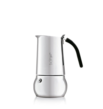 Cafetera italiana Bialetti Kitty de acero inoxidable blanca con asa negra y cierre superior