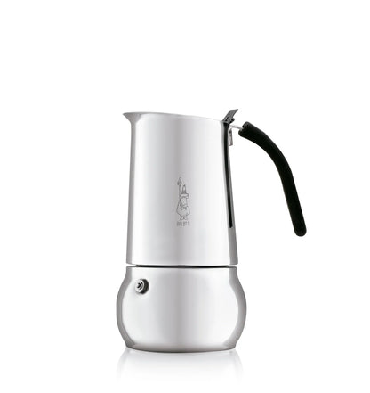 Cafetera italiana Bialetti Kitty de acero inoxidable blanca con asa negra y válvula lateral