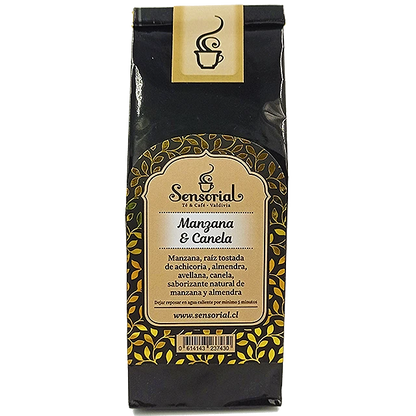 Infusión Sensorial Manzana y Canela en bolsa de 50 g, diseño negro y dorado
