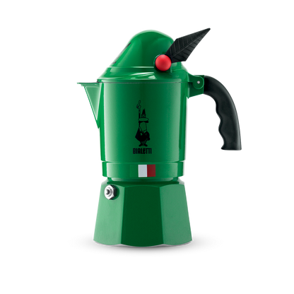 Cafetera moka Bialetti Alpina verde de 3 tazas con asa negra y botón rojo.