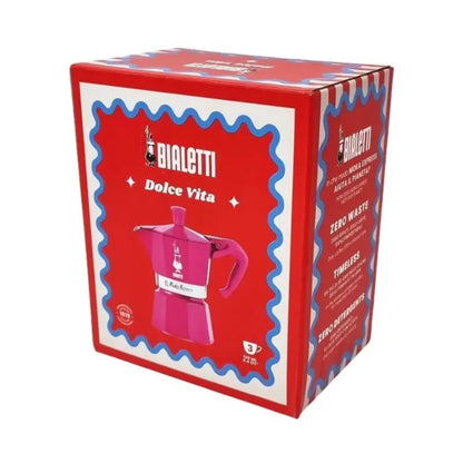 Cafetera italiana Moka Express fucsia Bialetti en caja, vista lateral del embalaje