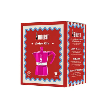 Caja de la cafetera italiana Moka Express fucsia Bialetti, 3 tazas, empaquetado