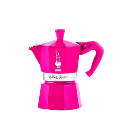 Cafetera italiana Moka Express fucsia de aluminio, 3 tazas, tapa con pomo y asa
