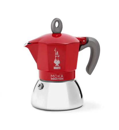 Cafetera italiana Moka de inducción Bialetti roja, con asa y tapa redondeada