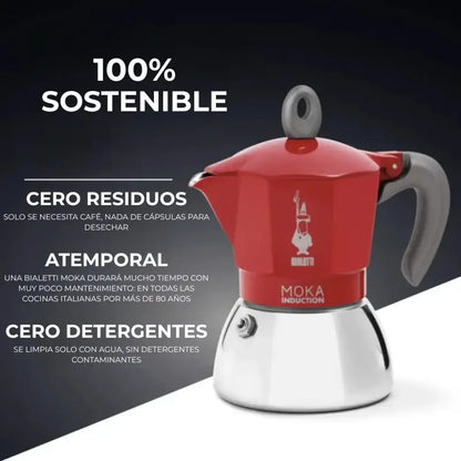 Cafetera italiana Moka de inducción Bialetti roja, presentación sobre fondo oscuro