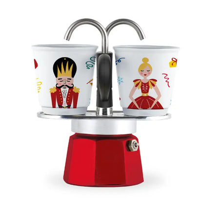Cafetera moka Mini Express Bialetti roja con 2 vasos blancos y figuras