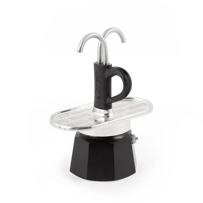 Cafetera moka mini Express Bialetti con asa negra y tapa de acero, dos tubos