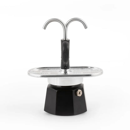 Cafetera moka mini Express Bialetti, cuerpo negro y tapa de acero, 2 surtidores
