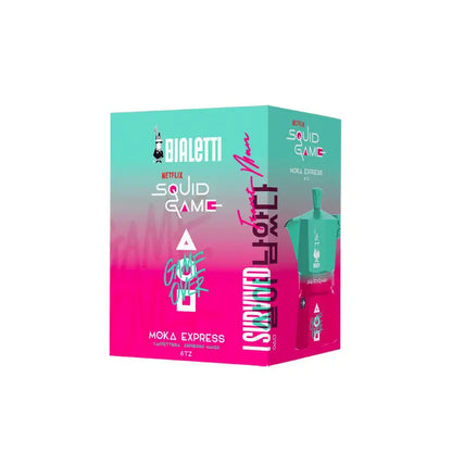 Caja de la cafetera italiana tipo moka Express Squid Game, diseño turquesa y magenta