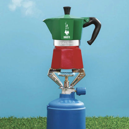 Cafetera moka tricolor verde y roja con asa negra