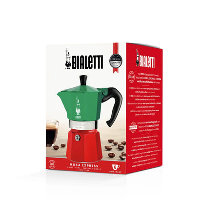 Cafetera moka tricolor en caja con parte superior verde y cuerpo rojo