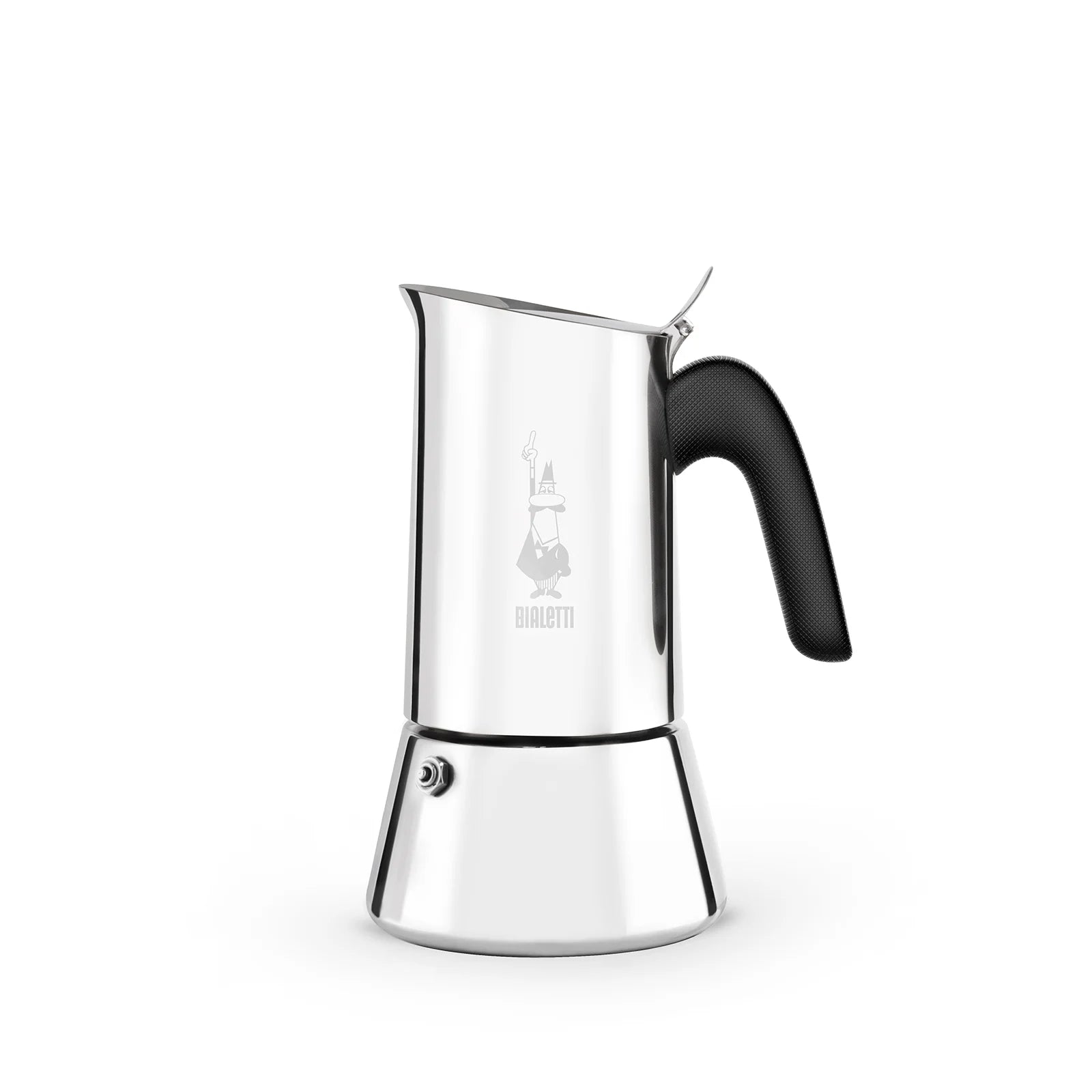 Cafetera italiana Venus Bialetti de acero pulido, vista frontal, asa negra