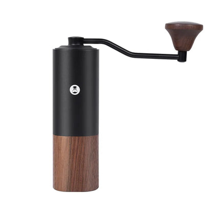 Molino de café cilíndrico con cuerpo negro y base de madera Chestnut, con manivela