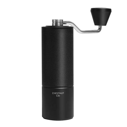 Molino de café manual negro con tolva superior y cuerpo texturizado