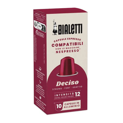 Caja de cápsulas Deciso Bialetti, compatible con Nespresso, intensidad 12, 10 de aluminio.