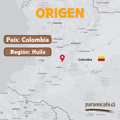 Mapa de origen: Colombia, región Huila, con logotipo paramicafe.cl
