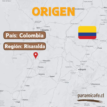 Mapa de origen del café Colombia, región Risaralda, con bandera y marcador