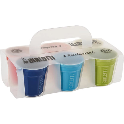 Set de 6 vasos de cerámica para espresso Bialetti envasado, con vasos azul y verde.