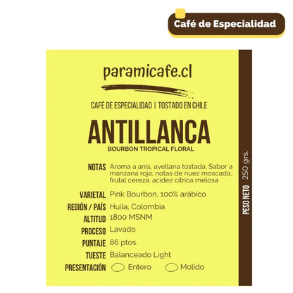 Bolsa de café Antillanca Bourbon tropical, 250 g, con etiqueta amarilla