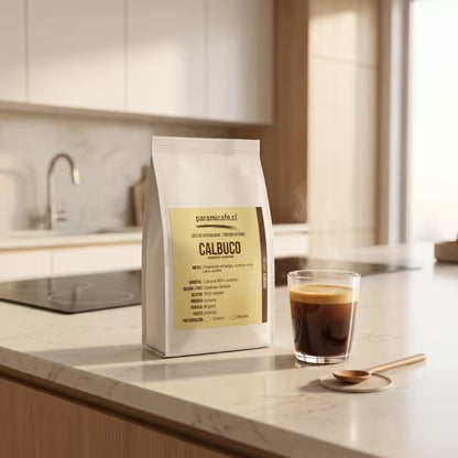 Bolsa de Café Calbuco molido con taza de café servido