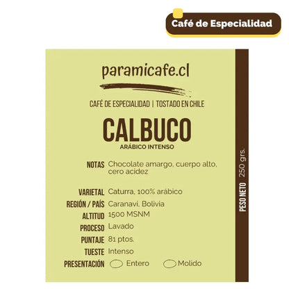 Bolsa de Café Calbuco arábica intenso 250 g: notas, proceso y molido
