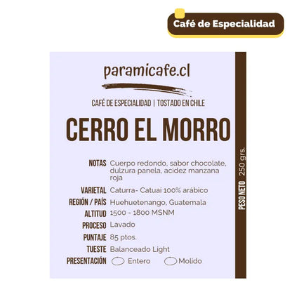 Etiqueta del café especial molido 250 g: Caturra, Guatemala, notas de chocolate.