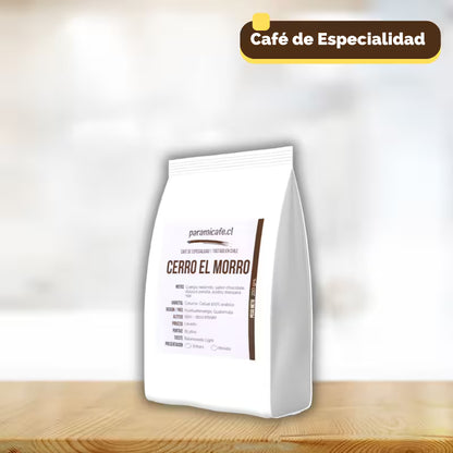 Bolsa blanca de café en grano Cerro El Morro 250 g, con etiqueta frontal