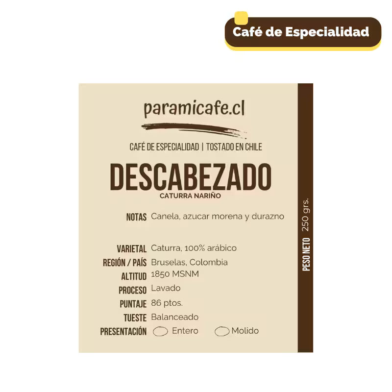 Detalle etiqueta Bolsa de café molido especialidad Caturra Colombia, paramicafe.cl, 250 g