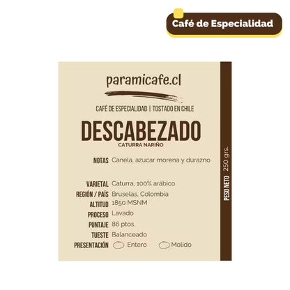 Detalle etiqueta Bolsa de café molido especialidad Caturra Colombia, paramicafe.cl, 250 g