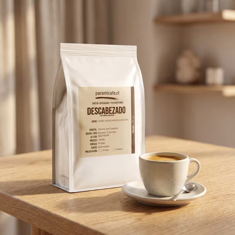 Bolsa de café molido especialidad Caturra Colombia, vista de frente sobre mesa