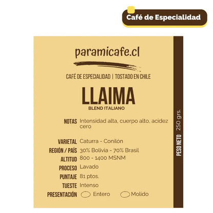 Bolsa de café de especialidad molido, blend italiano, etiqueta dorada