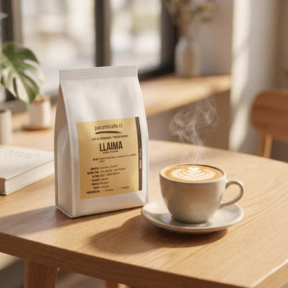 Bolsa de café molido con etiqueta y taza con espuma