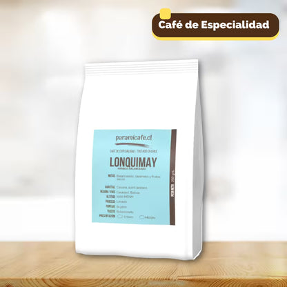 Bolsa de café molido 100% arábica Caturra, fondo blanco con etiqueta azul