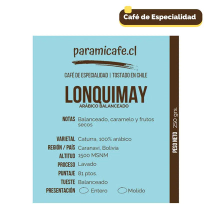 Bolsa de café molido con etiqueta azul “LONQUIMAY” y peso neto 250 g