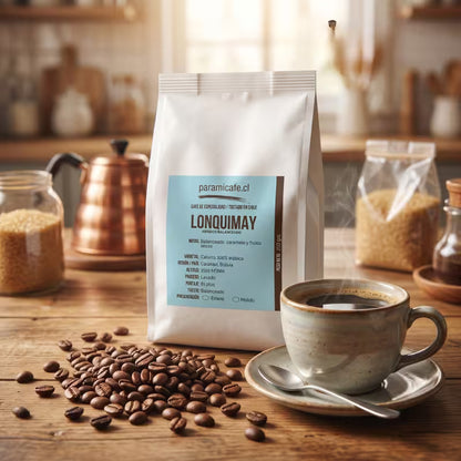 Bolsa de café Lonquimay 250 g con granos y taza, arábica Caturra
