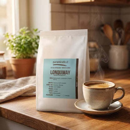 Bolsa de café molido con taza de café en mesa de madera